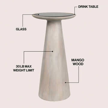 Linden 21.5" Farmhouse Industrial Mango Wood Drink Table and Decorative End Table with Round Black Glass Top and Cone Pedestal Base